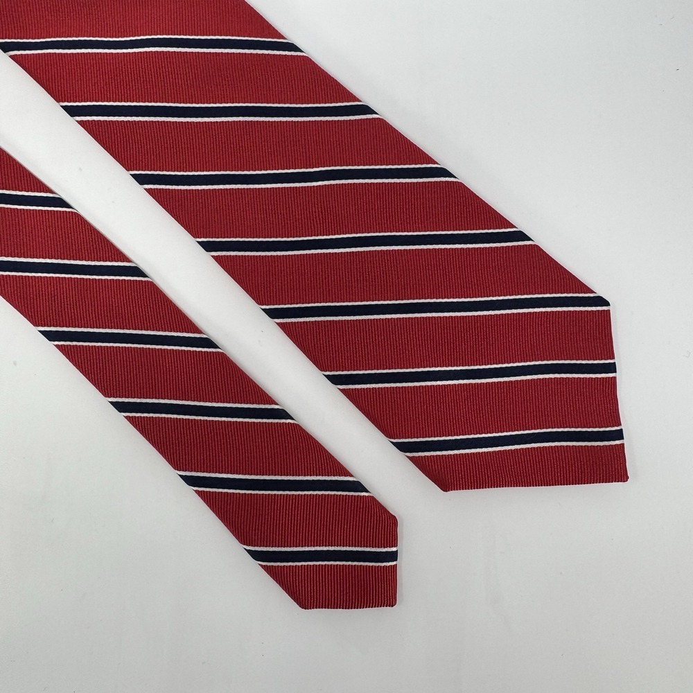 Lauren Ralph Lauren Tie Red Navy Striped Repp 100% Silk Handmade 3 1/2" x 57"